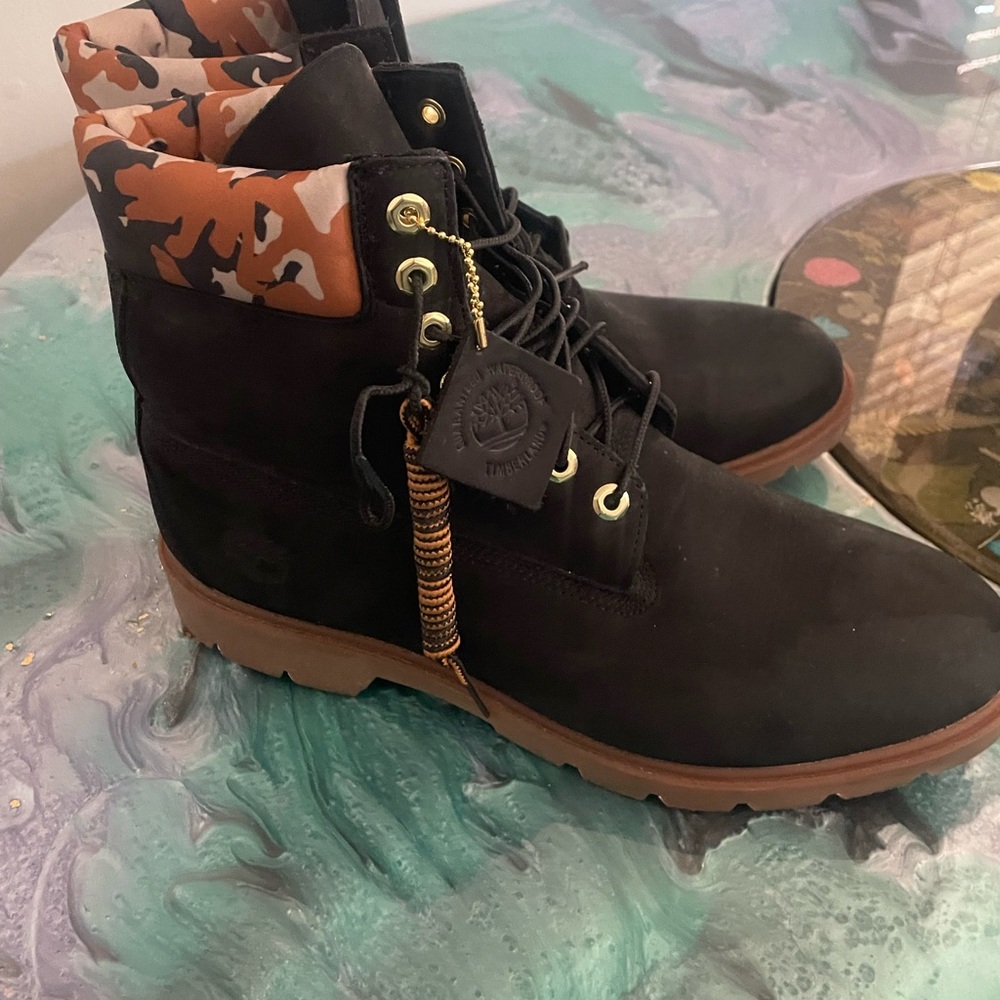 Timberland Black Leather Boots with Orange Camo Collar